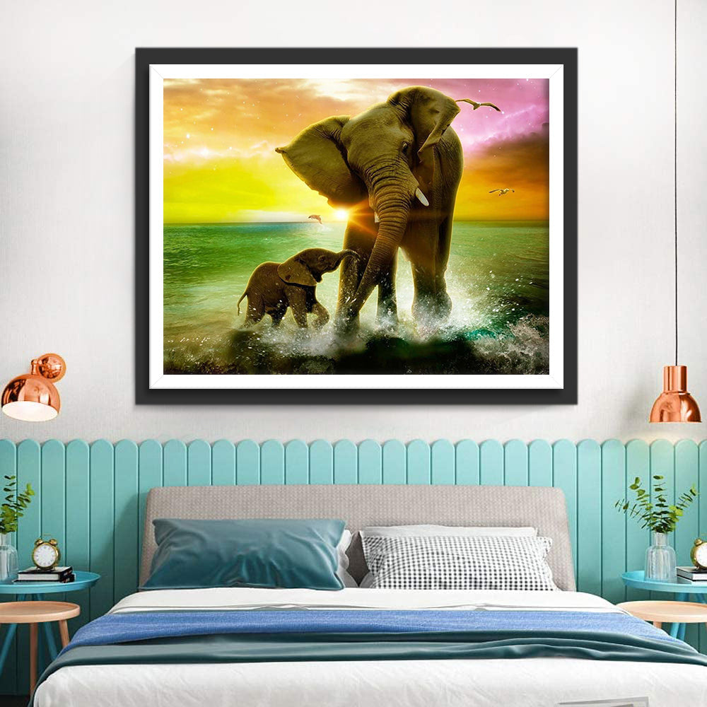 Olifant en Babyolifant Spelen in het Water Diamond Painting