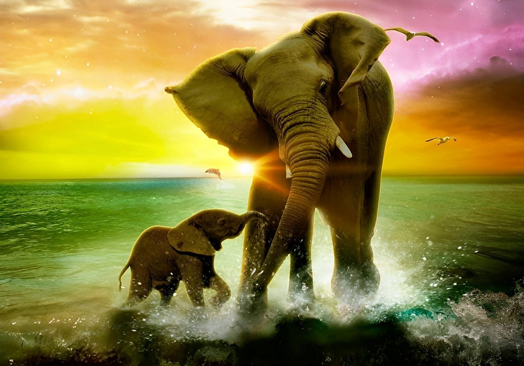 Olifant en Babyolifant Spelen in het Water Diamond Painting