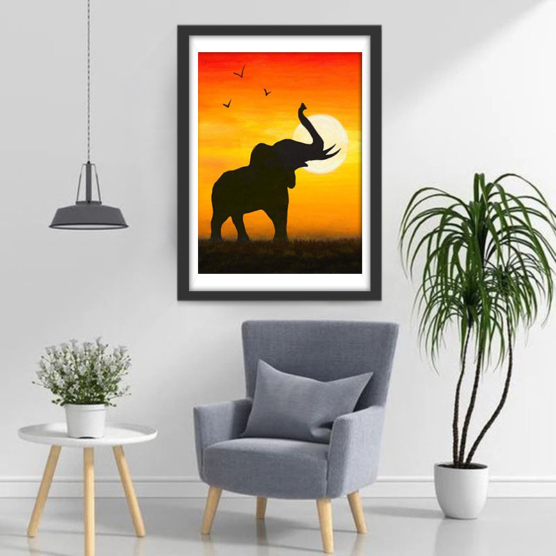 Olifant en Vogels bij Zonsondergang Diamond Painting