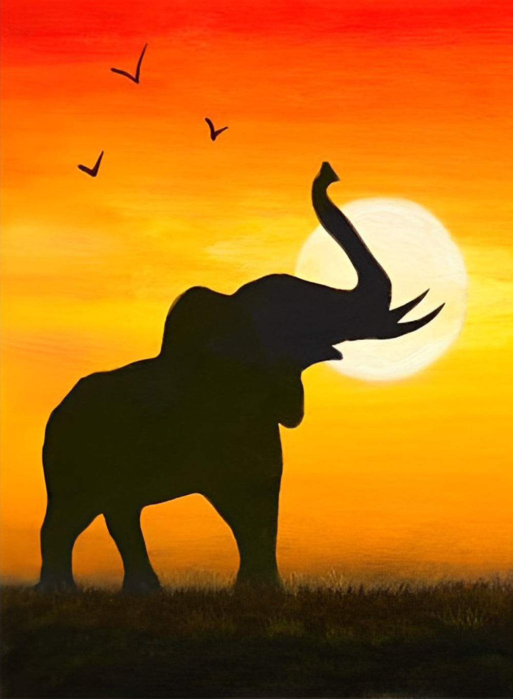 Olifant en Vogels bij Zonsondergang Diamond Painting