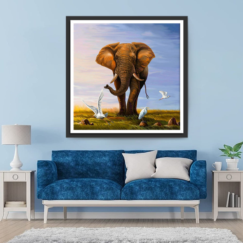 Olifant en Vogels op de Weide Diamond Painting