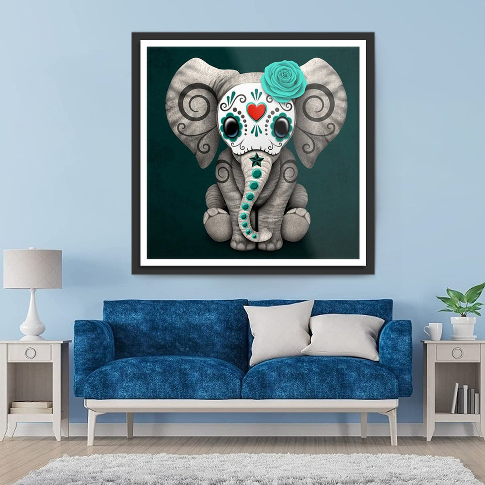 Olifant met Patroondecoratie en Blauwe Bloem Diamond Painting