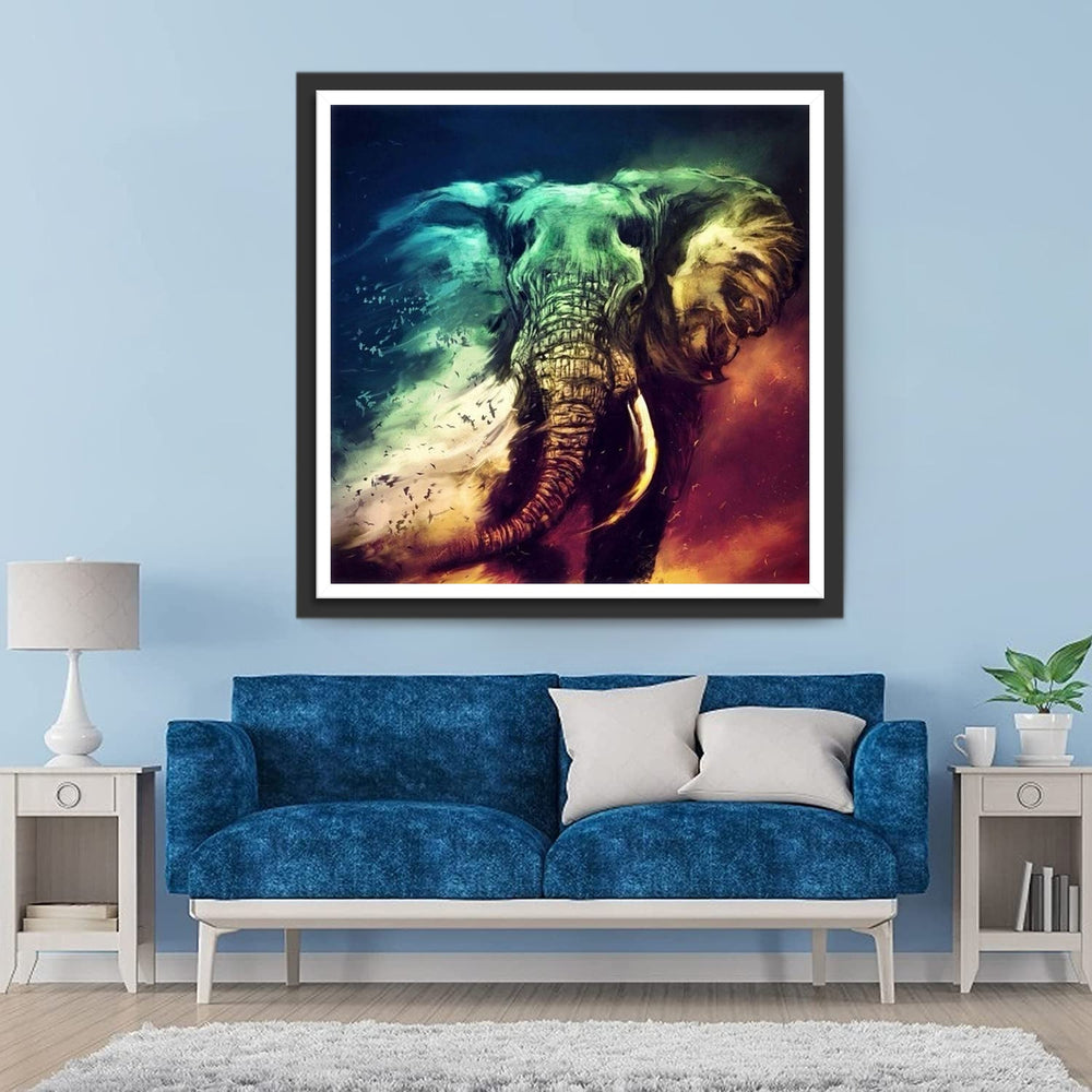 Olifant op een Groen-Oranje Achtergrond Diamond Painting