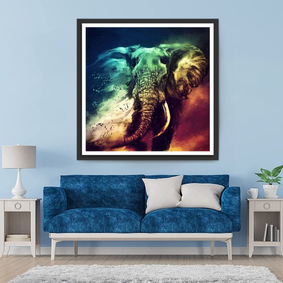 Olifant op een Groen-Oranje Achtergrond Diamond Painting