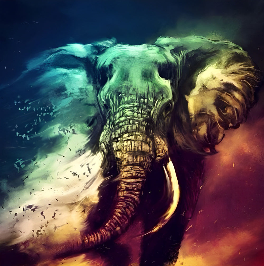 Olifant op een Groen-Oranje Achtergrond Diamond Painting