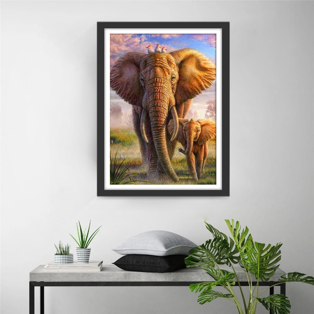 Olifanten onder een Roze Hemel Diamond Painting