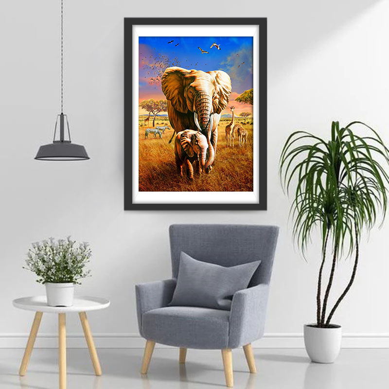 Olifanten, Zebra's, Giraffen in de Graslanden Diamond Painting
