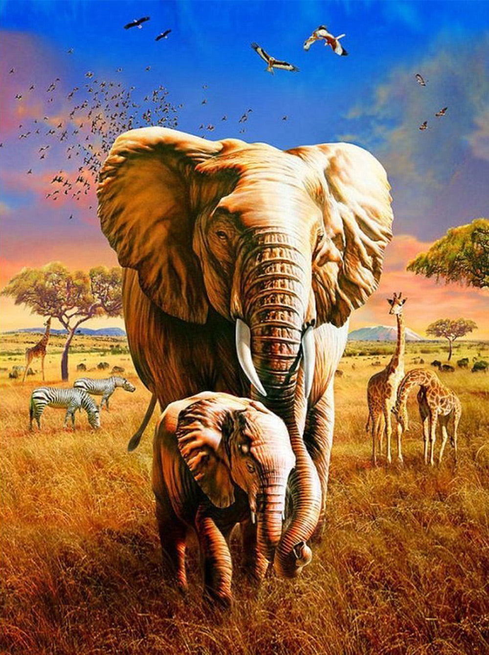 Olifanten, Zebra's, Giraffen in de Graslanden Diamond Painting