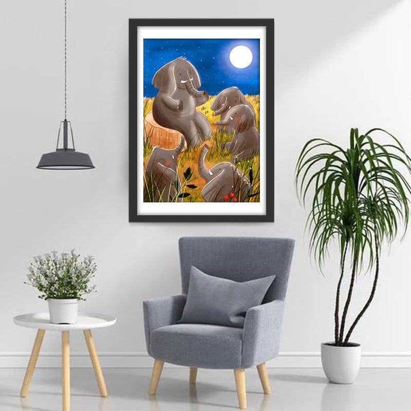 Olifanten Zitten in het Maanlicht Diamond Painting