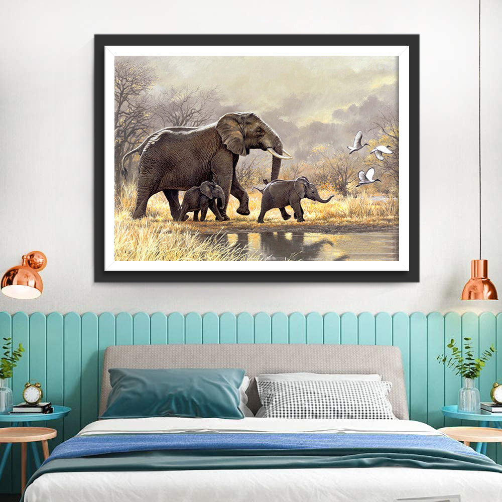 Olifantenmoeder en Baby aan de Rivieroever Diamond Painting