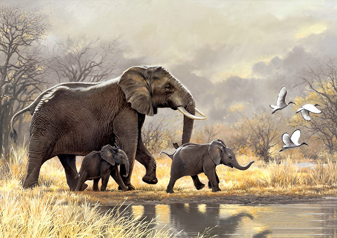 Olifantenmoeder en Baby aan de Rivieroever Diamond Painting