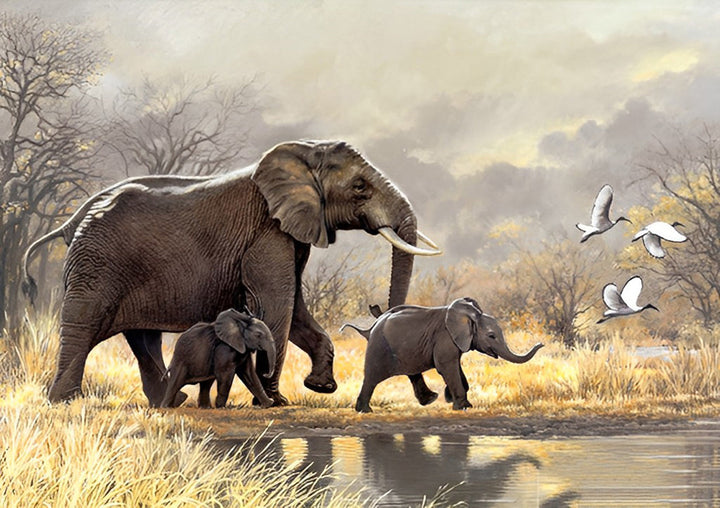 Olifantenmoeder en Baby aan de Rivieroever Diamond Painting