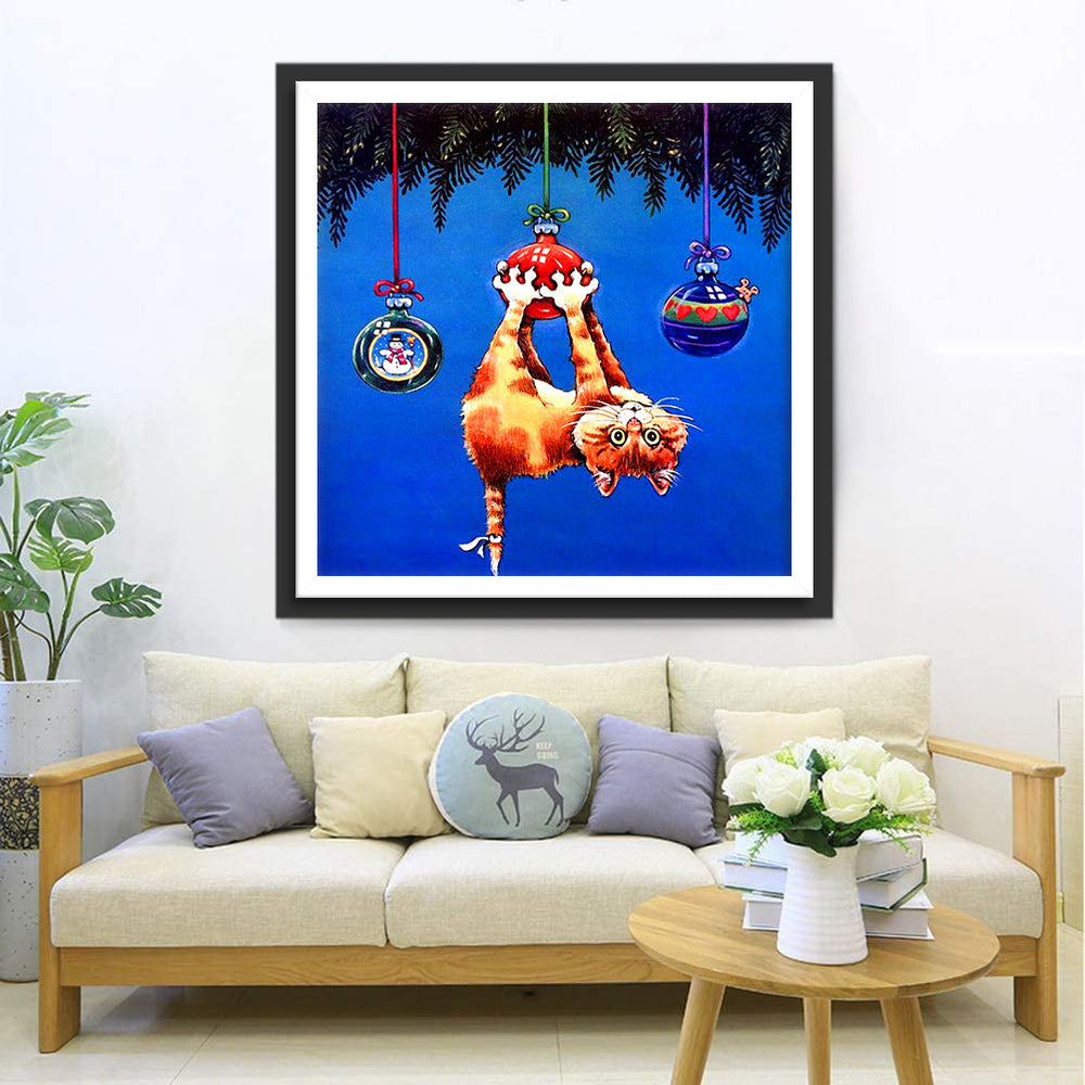 Omgekeerde Kat onder Kerstversiering Diamond Painting