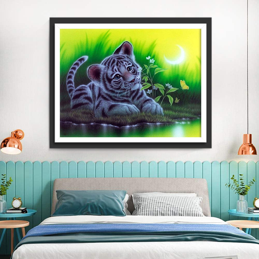 Onschuldige Tijgerwelp bij de Beek Diamond Painting