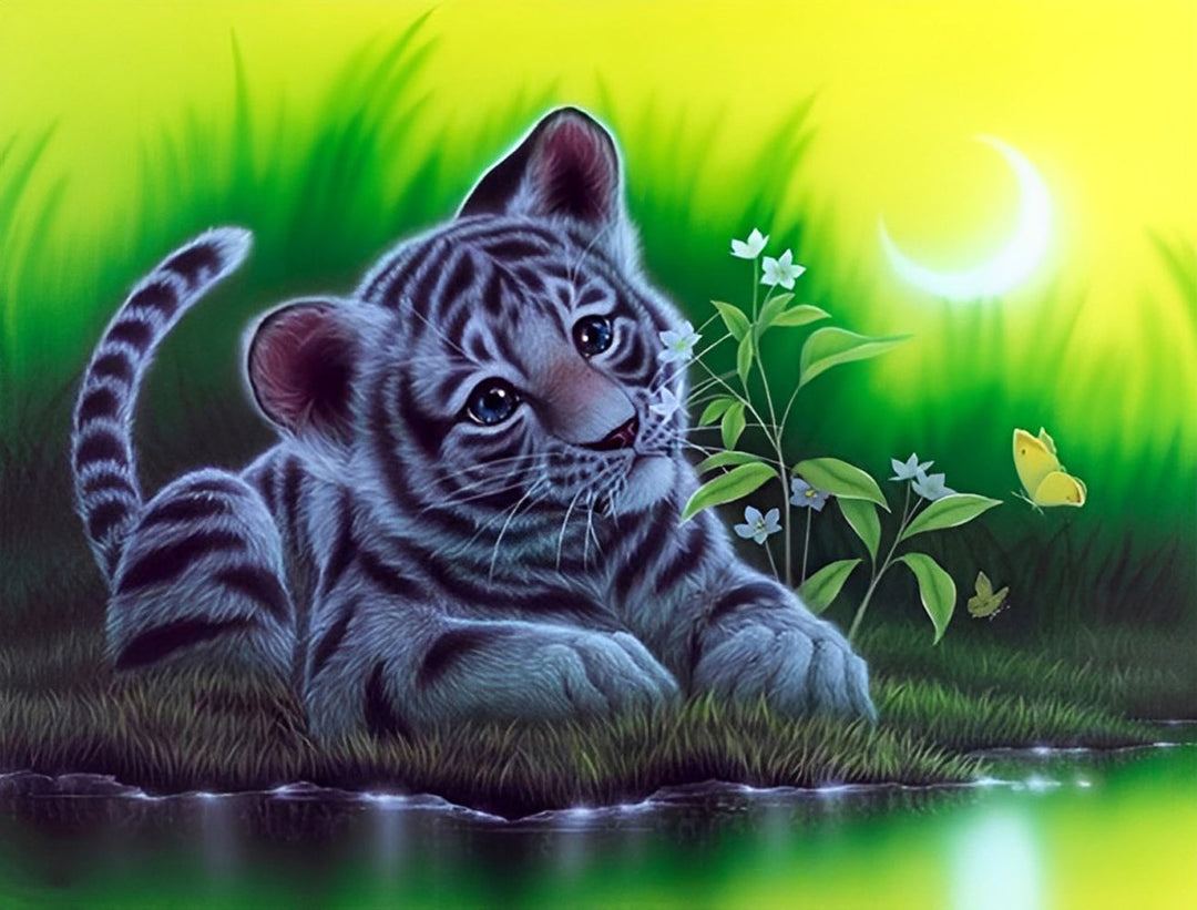 Onschuldige Tijgerwelp bij de Beek Diamond Painting