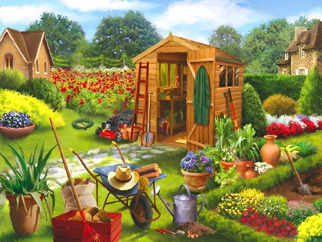 Ontspannen Tuinbeeld met Bloemen, Gereedschap en Tuinhuisje Diamond Painting