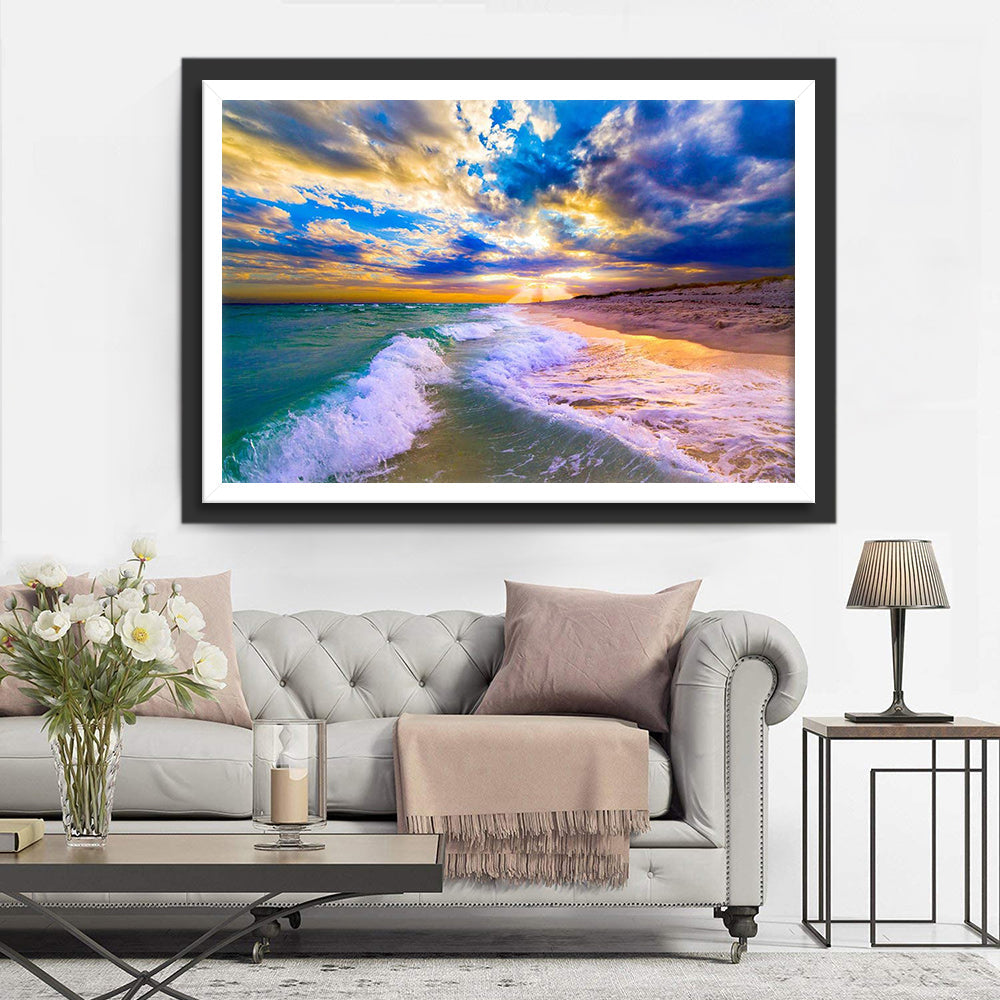 Ontspannende Zon, Wolken en Golven aan de Kust Diamond Painting