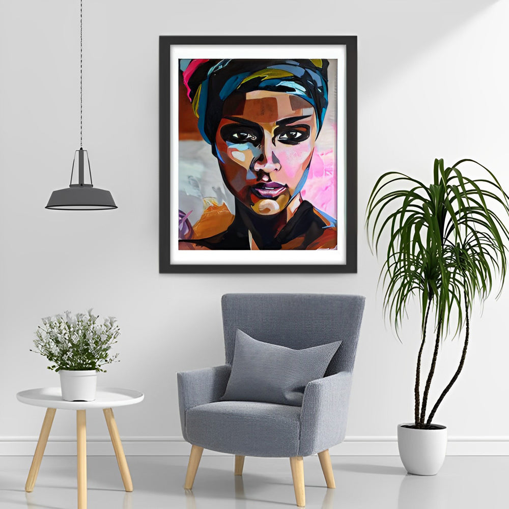 Opvallend Kleurenspel op Gezicht van Vrouw met Hoofddoek Diamond Painting
