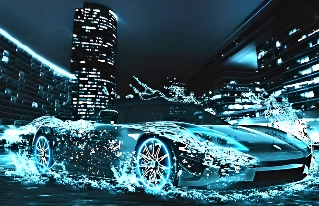 Opvallende Sportwagen met Waterspetters Tegen Stadsgebouw Diamond Painting
