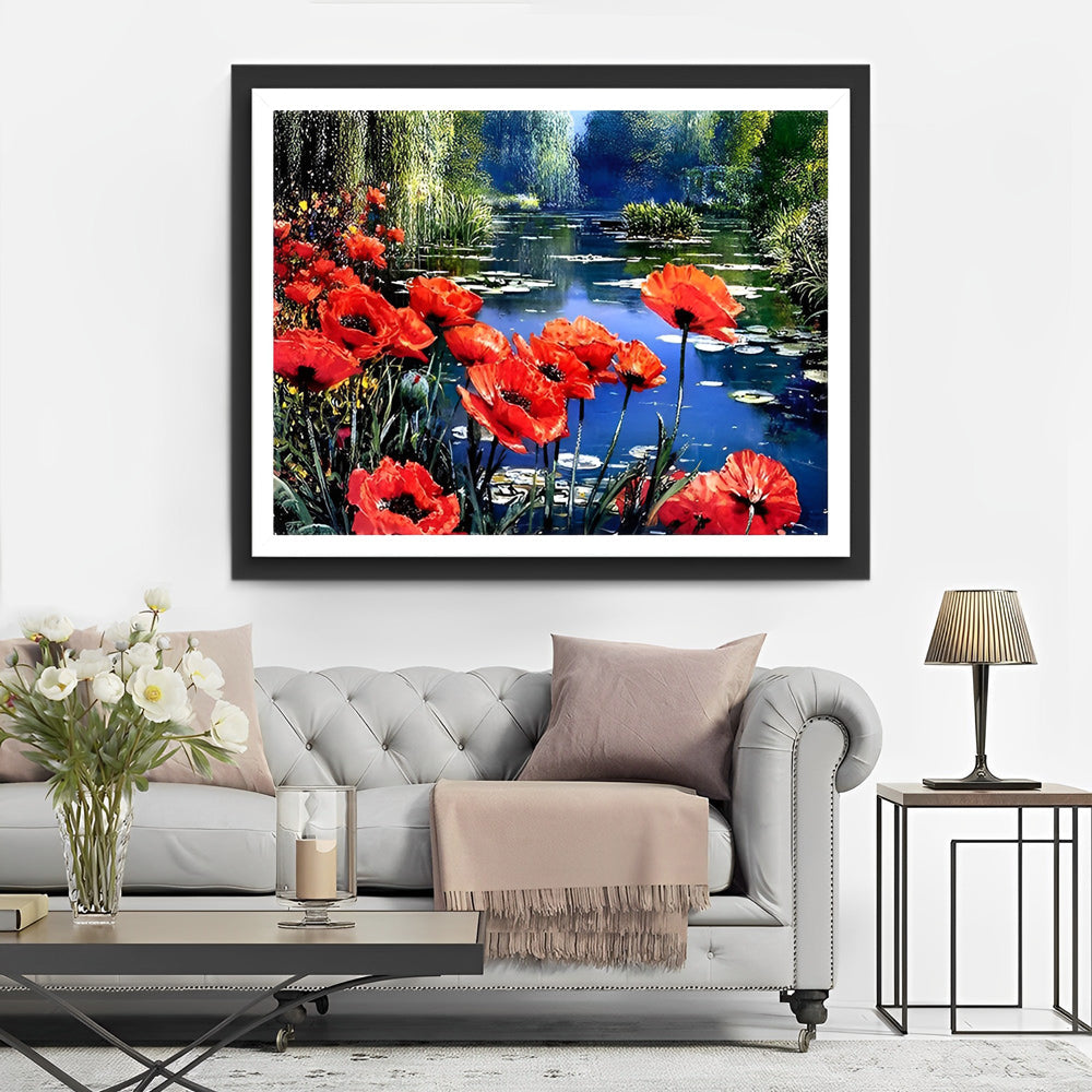 Oranje Bloemen aan de Vijverrand Diamond Painting