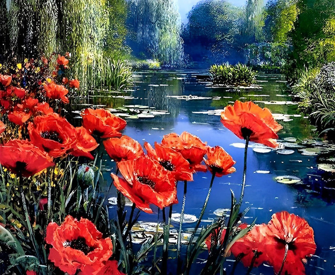 Oranje Bloemen aan de Vijverrand Diamond Painting