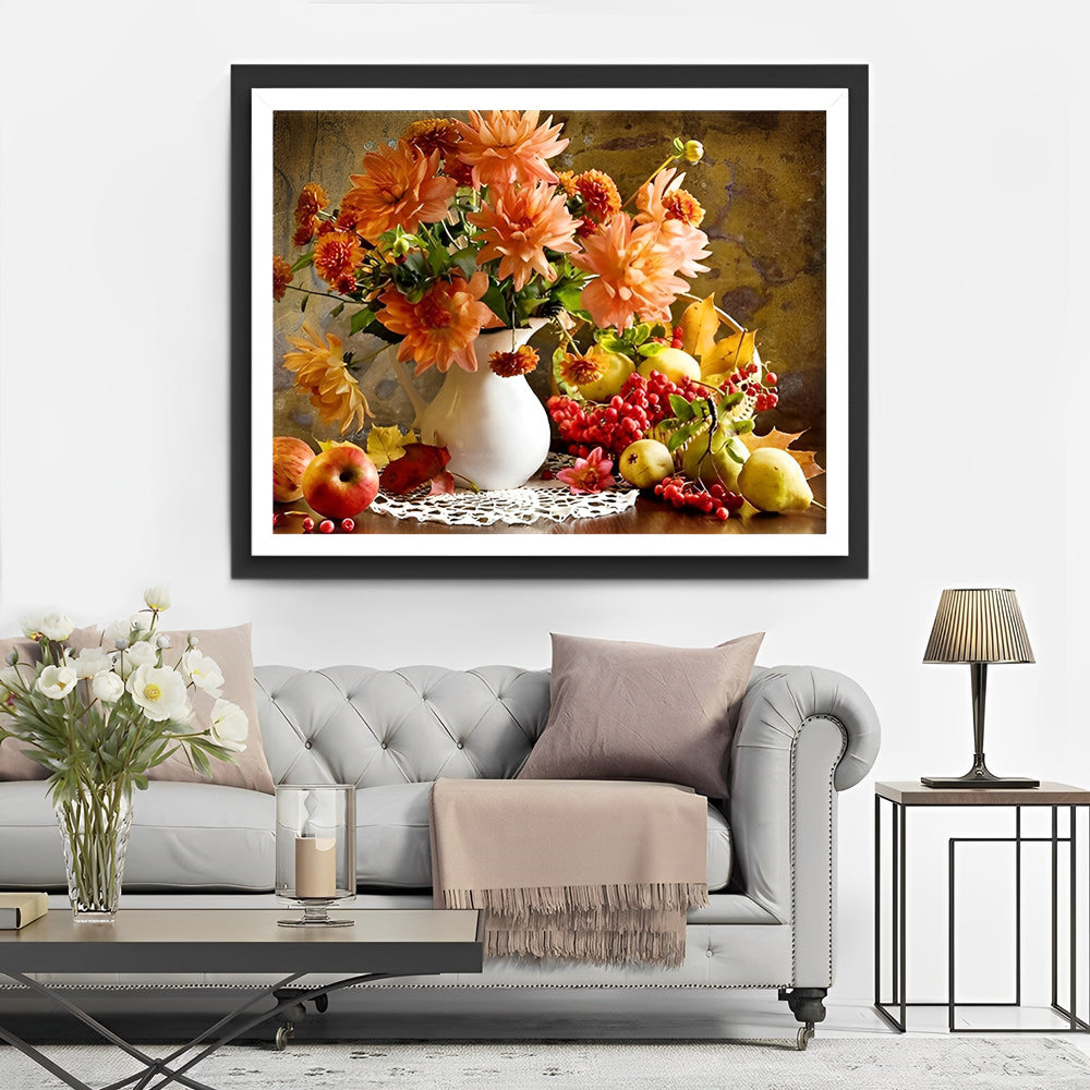 Oranje Dahlia's, Fruit en Een Witte Vaas Diamond Painting
