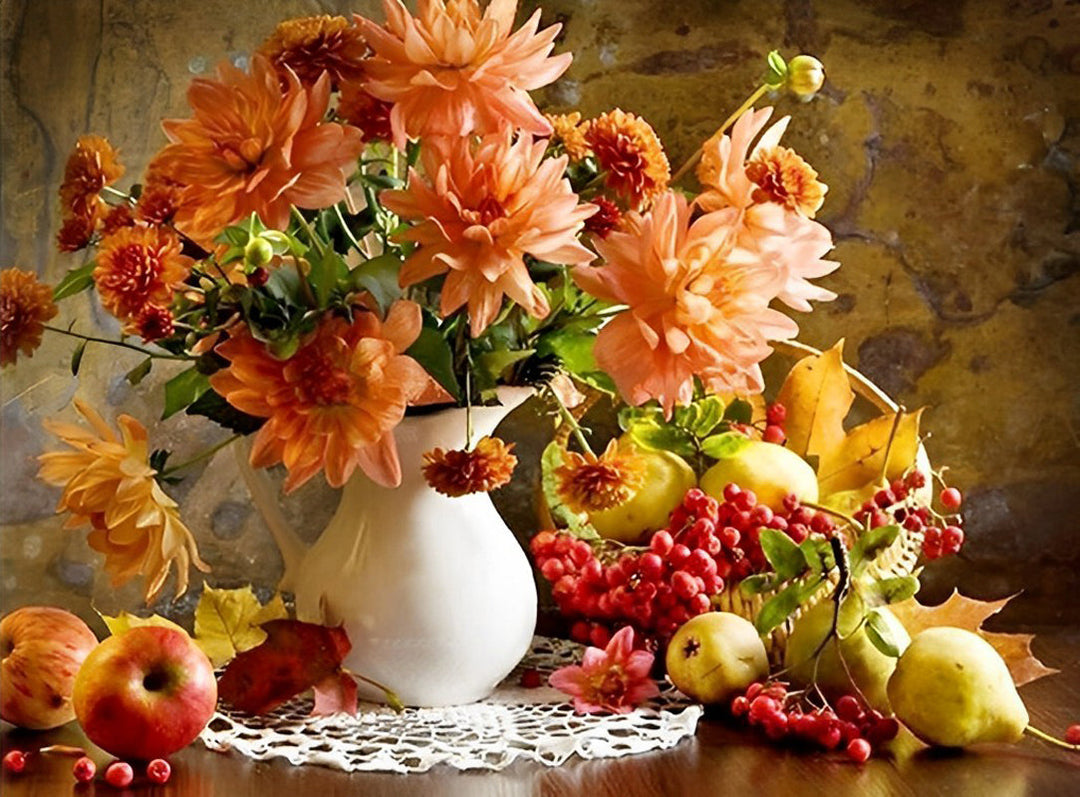 Oranje Dahlia's, Fruit en Een Witte Vaas Diamond Painting