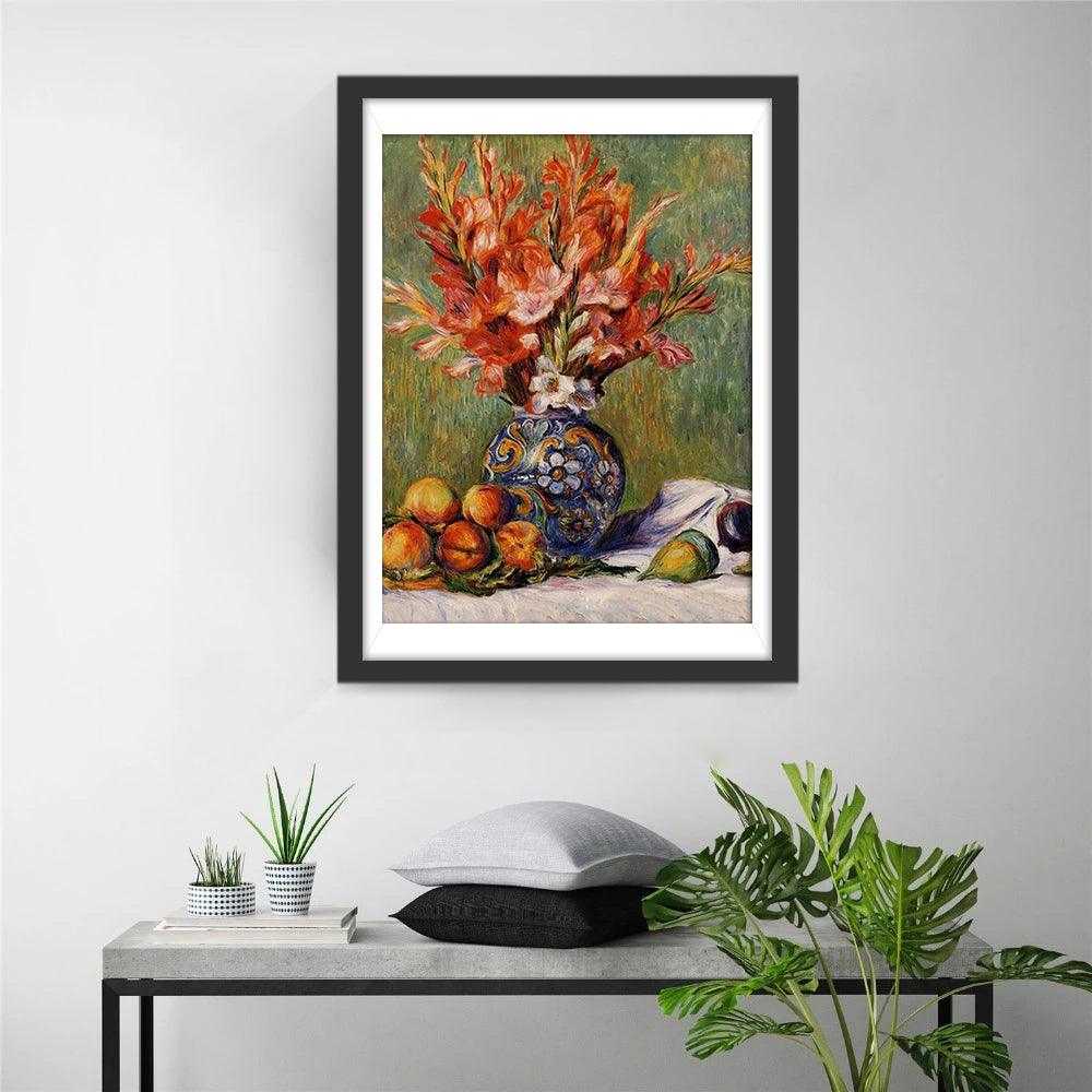 Oranje Gladiolen in Een Siervaas met Bijpassend Fruit Diamond Painting