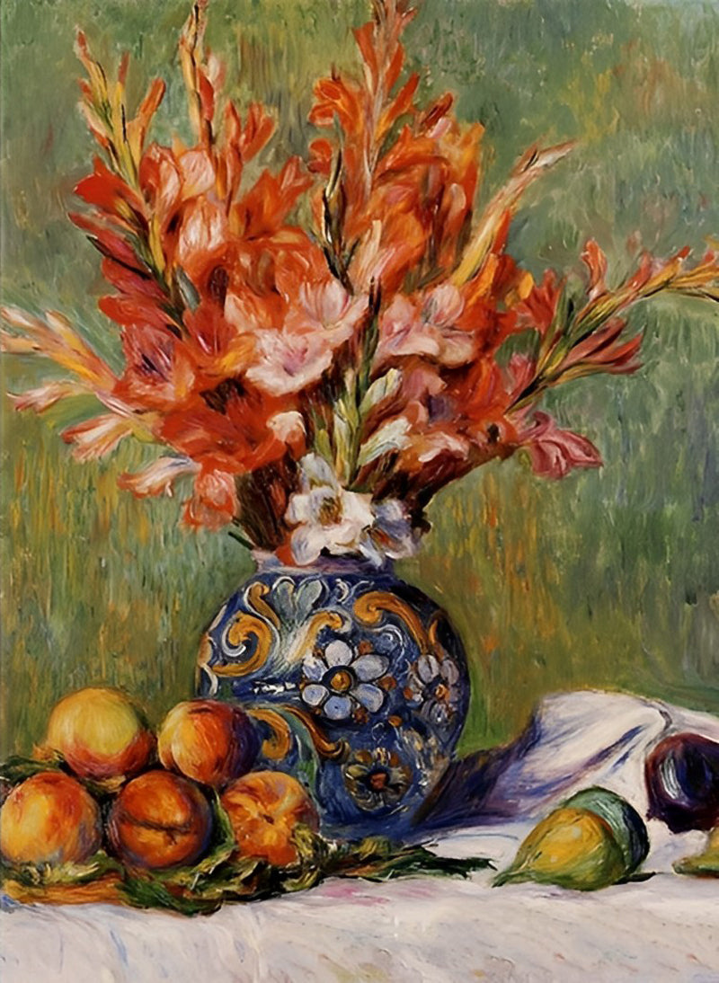 Oranje Gladiolen in Een Siervaas met Bijpassend Fruit Diamond Painting