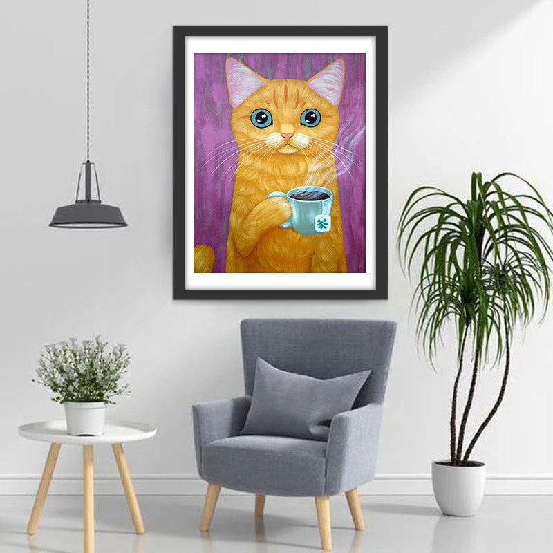 Oranje Kat Drinkt Thee Diamond Painting