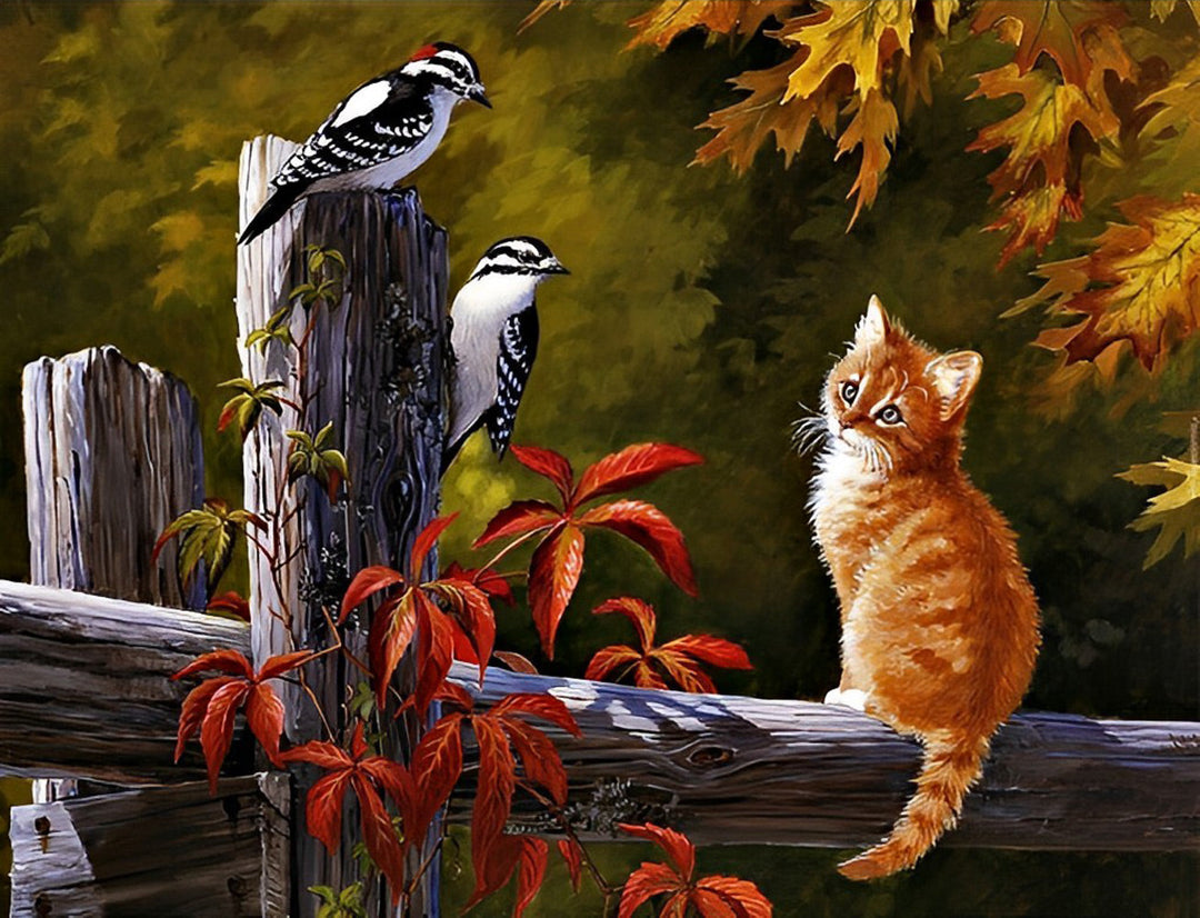 Oranje Kat en Twee Vogels op een Hek Diamond Painting