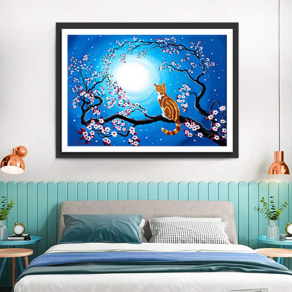 Oranje Kat in Boom onder de Maan Diamond Painting