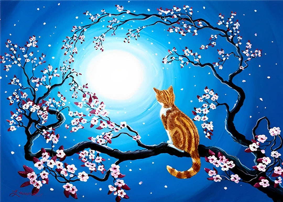 Oranje Kat in Boom onder de Maan Diamond Painting