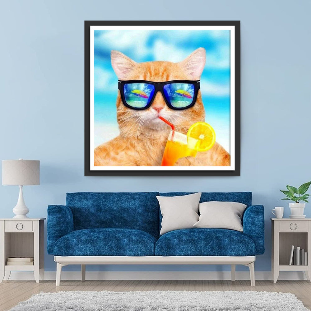 Oranje Kat met Zonnebril die Sinaasappelsap Drinkt Diamond Painting