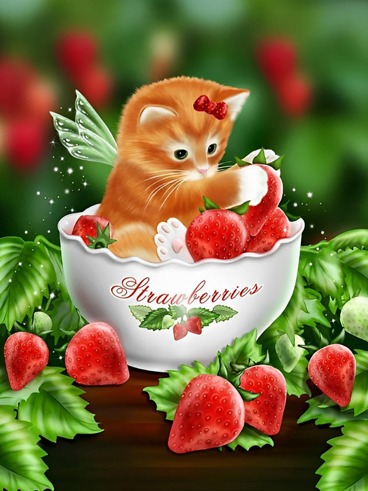 Oranje Kitten in een Strawberries Kom Diamond Painting