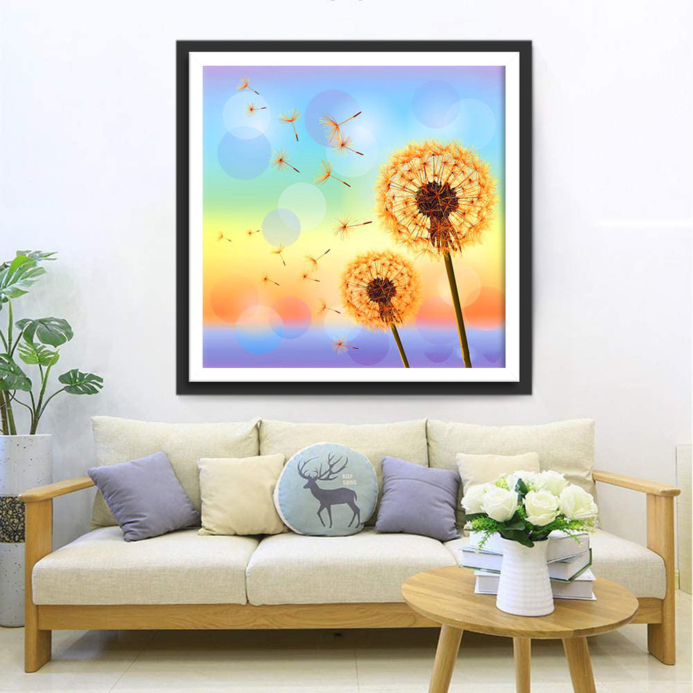 Oranje Paardenbloemen voor een Gekleurde Achtergrond Diamond Painting
