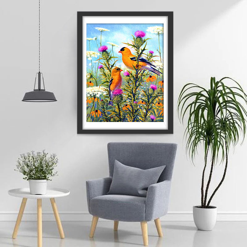 Oranje Vogels in Paarse en Oranje Bloemen Diamond Painting