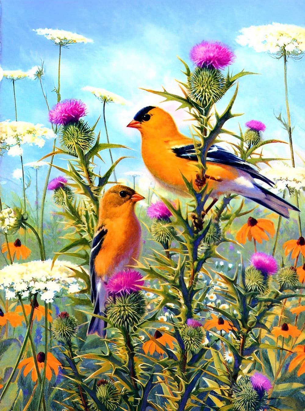 Oranje Vogels in Paarse en Oranje Bloemen Diamond Painting