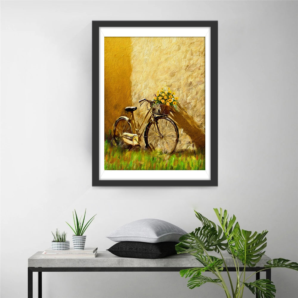 Oude Fiets met Mand vol Gele Bloemen Diamond Painting