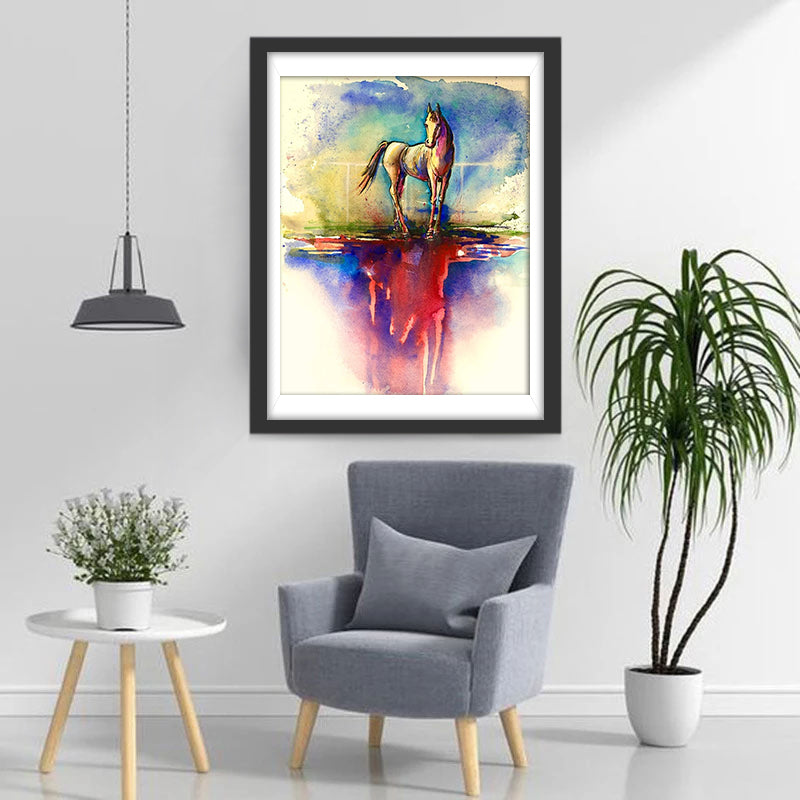 Paard en Weerspiegeling op Gekleurde Achtergrond Diamond Painting