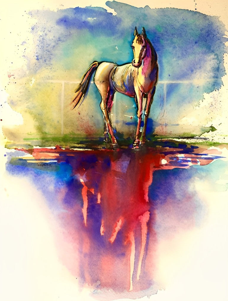 Paard en Weerspiegeling op Gekleurde Achtergrond Diamond Painting