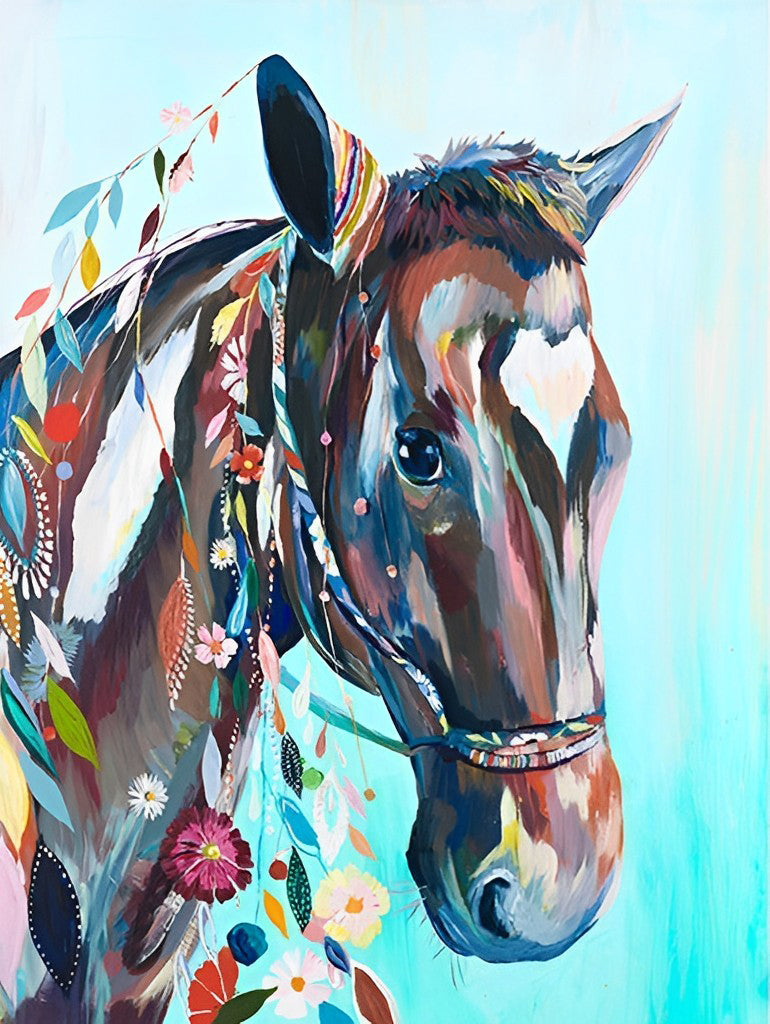 Paard met Bloemen en Planten Diamond Painting