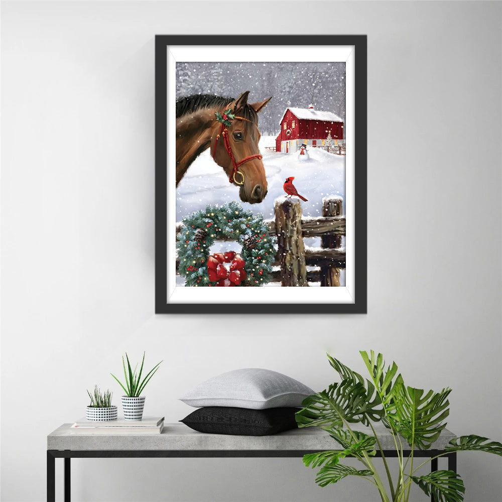 Paard, Vogel en Kerstkrans in Witte Sneeuw Diamond Painting