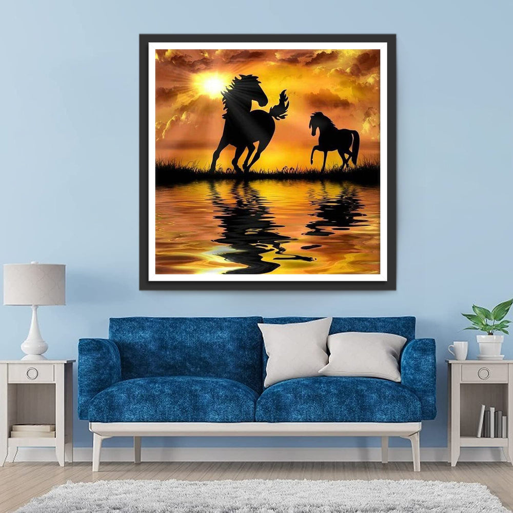 Paarden bij de Beek bij Zonsondergang Diamond Painting