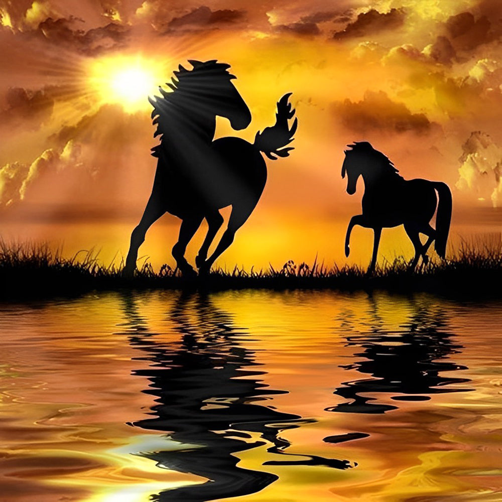 Paarden bij de Beek bij Zonsondergang Diamond Painting