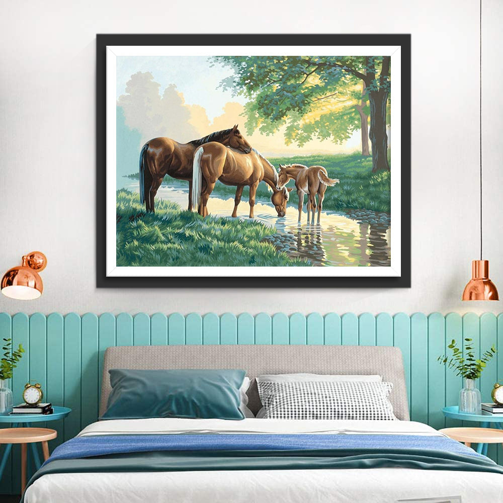 Paarden Drinken uit een Beek Diamond Painting