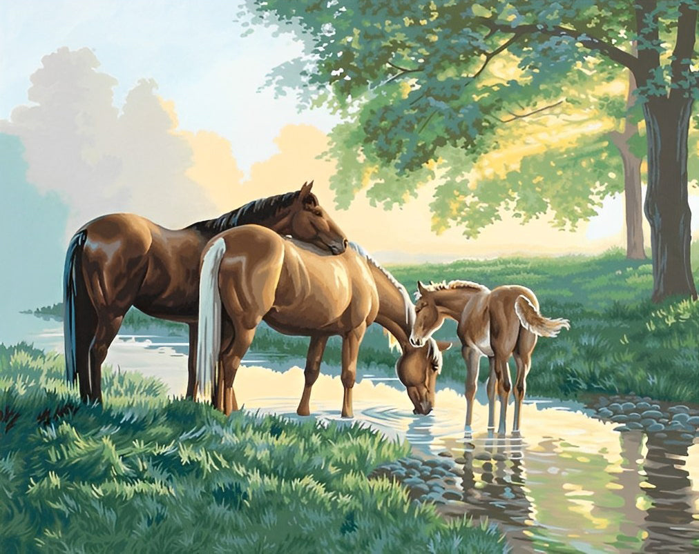 Paarden Drinken uit een Beek Diamond Painting