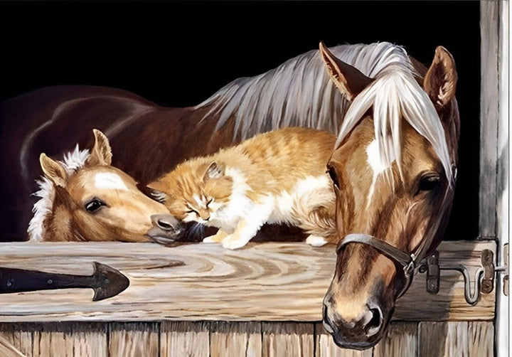 Paarden en Kat in de Stal Diamond Painting