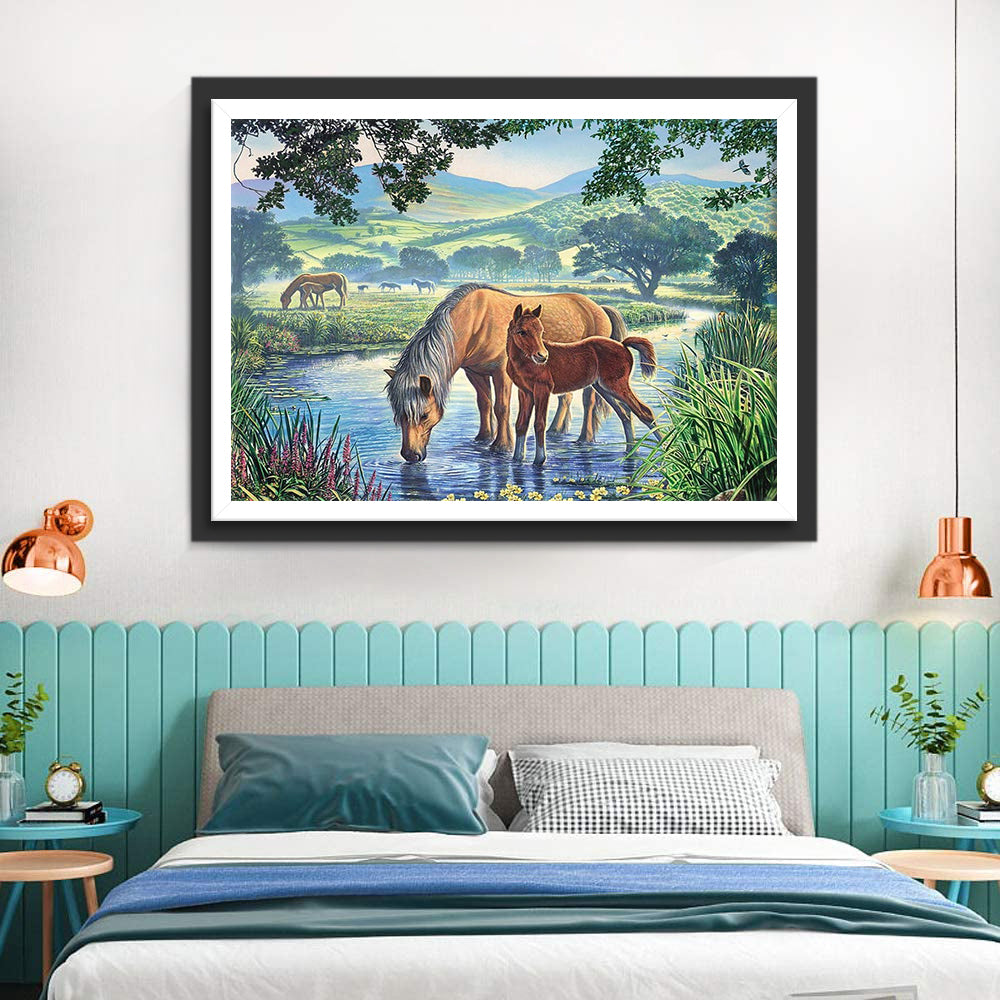 Paarden in de Wei en in de Beek Diamond Painting