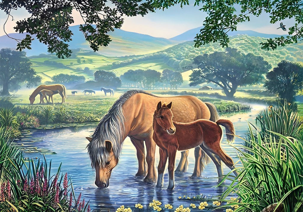 Paarden in de Wei en in de Beek Diamond Painting